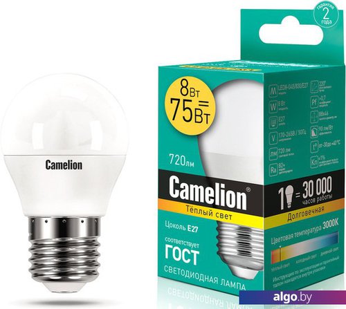 

Светодиодная лампочка Camelion LED8-G45/830/E27 12392