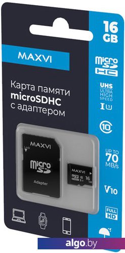 

Карта памяти Maxvi microSDHC 16GB Class 10 UHS-I (1) MSD16GBC10V10