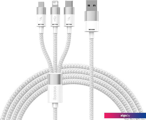 

Кабель Baseus One-For-Three Fast Charging Data Cable 3.5A USB Type-A - USB Type-C/microUSB/Lightning (1.2 м, белый)