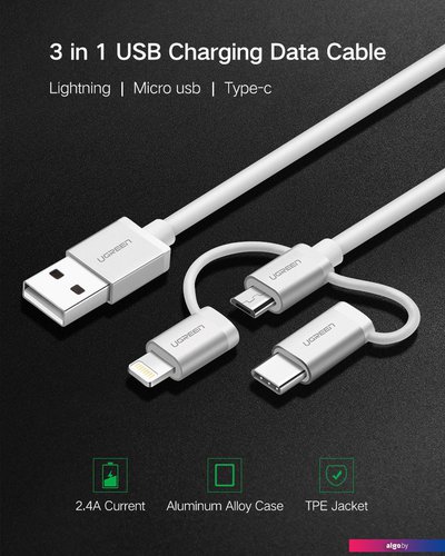 

Кабель Ugreen US186-50203 USB Type-A - USB Type-C/Lightning/microUSB (1.5 м, белый)