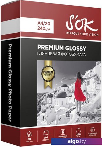 

Фотобумага S'OK Premium Glossy Photo Paper A4 240 г/м2 20 листов SA4240020G