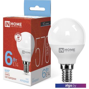 Светодиодная лампочка In Home LED-Шар-VC 6Вт 230В Е14 6500К 570Лм 4690612030630