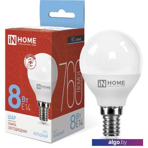 Светодиодная лампочка In Home LED-Шар-VC 8Вт 230В Е14 6500К 760Лм 4690612024882