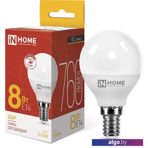 Светодиодная лампочка In Home LED-Шар-VC 8Вт 230В Е14 3000К 760Лм 4690612020549