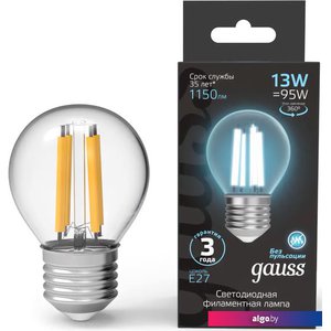 Светодиодная лампочка Gauss Filament Шар 13W 1150lm 4100К Е27 LED 1/10/50 105802213