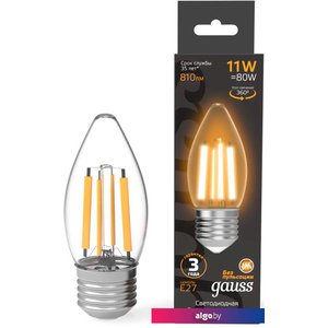 Светодиодная лампочка Gauss Filament Свеча 11W 810lm 2700К Е27 LED 1/10/50 103802111