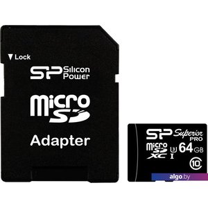 Карта памяти Silicon-Power microSDXC UHS-I U3 Class 10 64GB + адаптер [SP064GBSTXDU3V10SP]