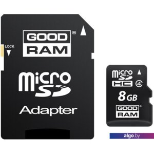 Карта памяти GOODRAM microSDHC Class 4 8GB + адаптер (SDU8GHCAGRR10)